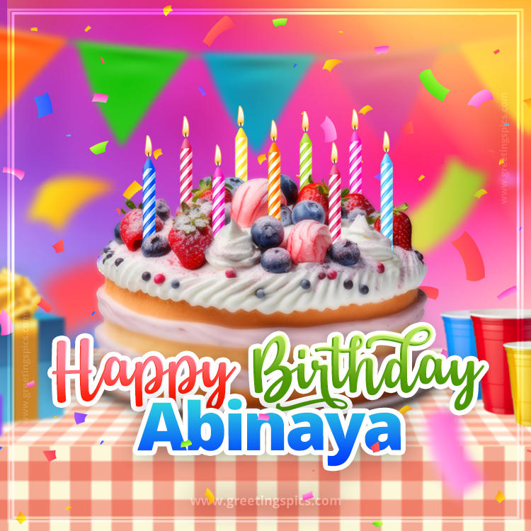 Happy Birthday Abinaya Colorful Image with fruit cake and candles (square shape image)