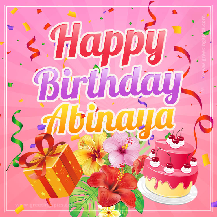 Beautiful Birthday Card for Abinaya with Cake and bouquet of flowers (square shape image)