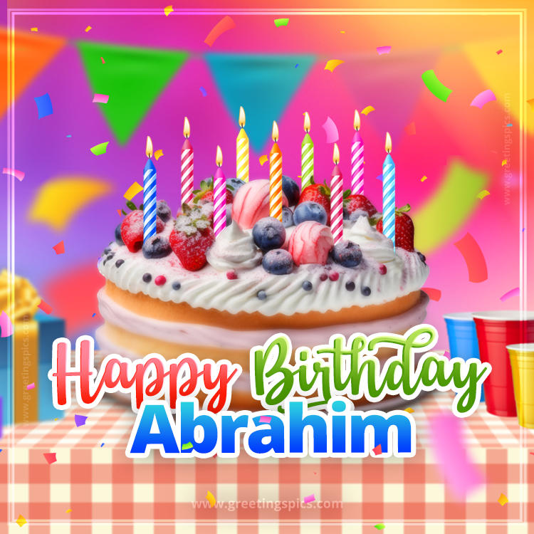 Happy Birthday Abrahim Colorful Image with fruit cake and candles (square shape image)