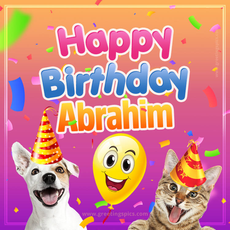 Happy Birthday Abrahim Funny Image with cat and dog (square shape image)