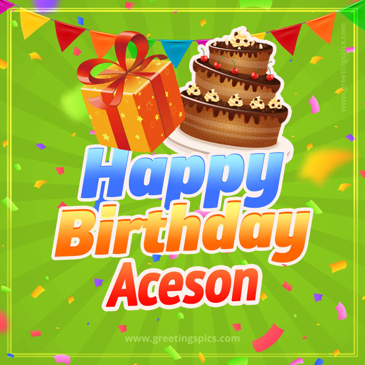 Happy Birthday Aceson picture with flags, chocolate cake and gift box (square shape image)