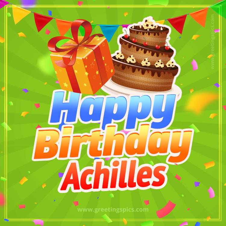 Happy Birthday Achilles picture with flags, chocolate cake and gift box (square shape image)