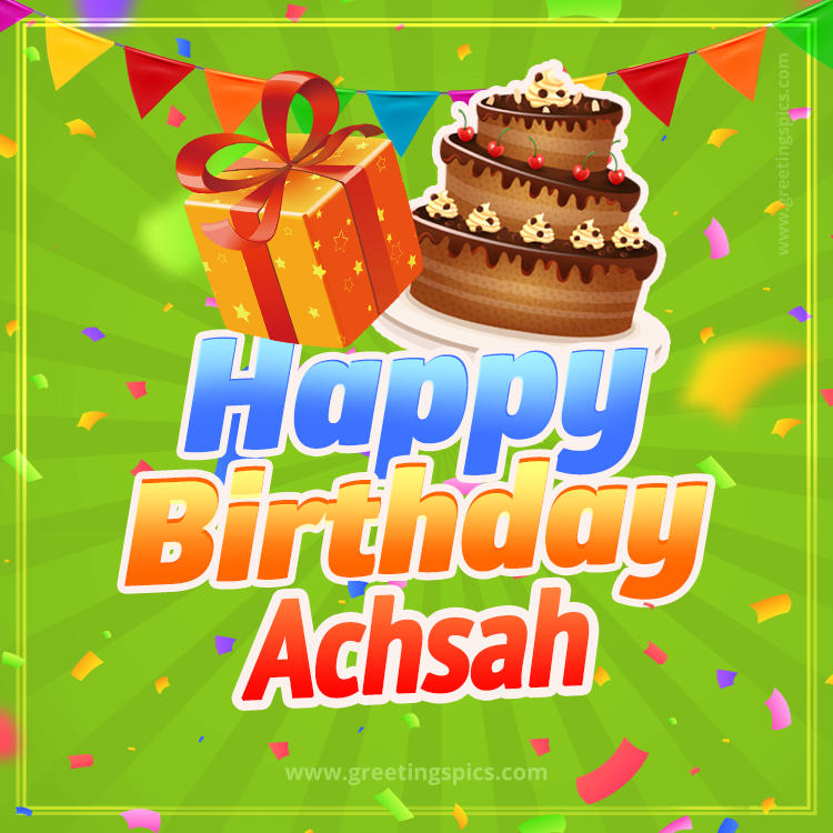 Happy Birthday Achsah picture with flags, chocolate cake and gift box (square shape image)