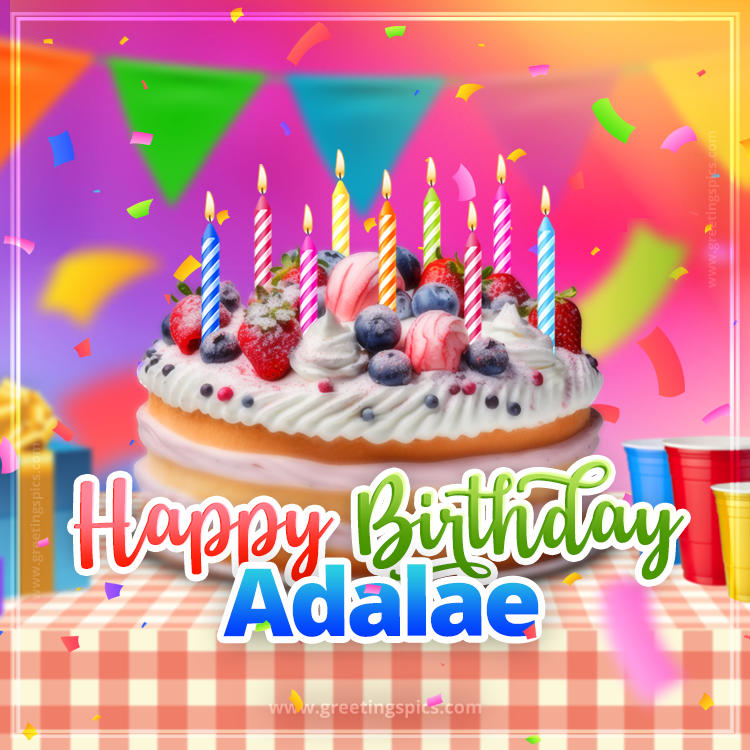 Happy Birthday Adalae Colorful Image with fruit cake and candles (square shape image)