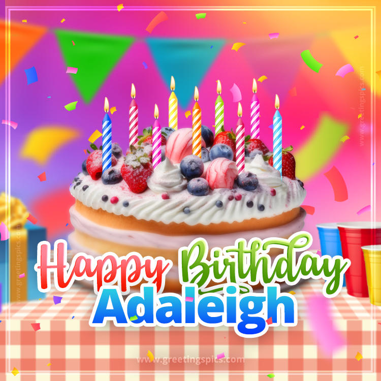 Happy Birthday Adaleigh Colorful Image with fruit cake and candles (square shape image)