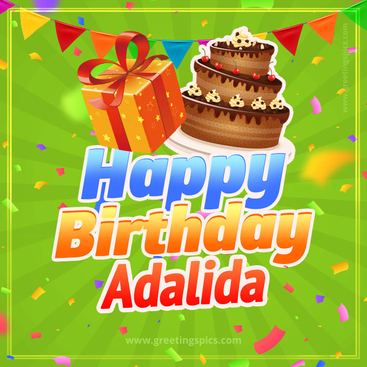 Happy Birthday Adalida picture with flags, chocolate cake and gift box (square shape image)