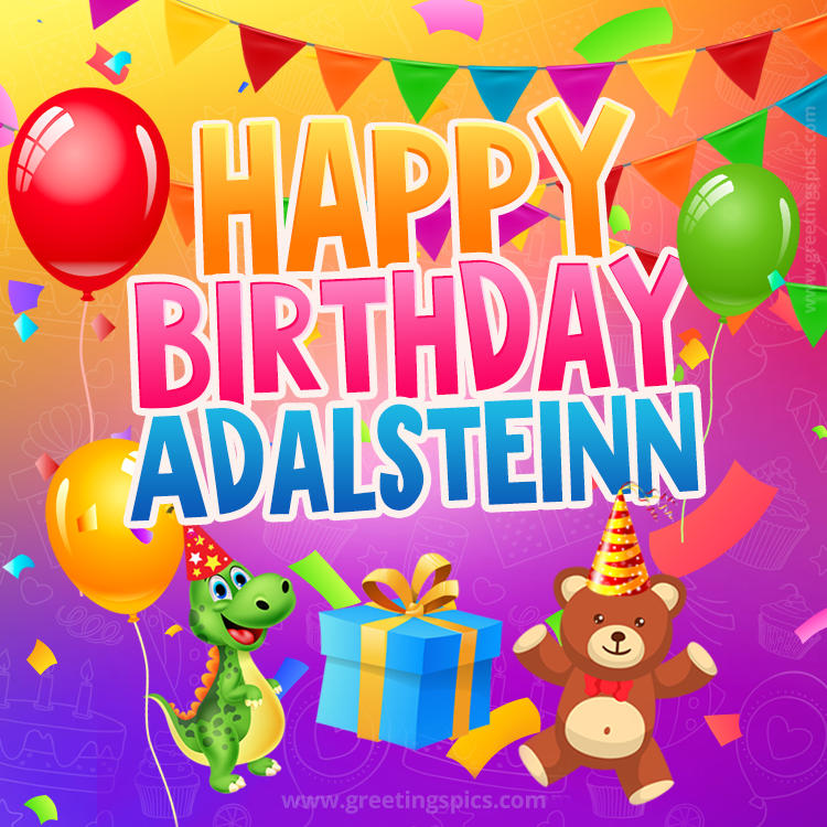 Happy Birthday Adalsteinn Image for a child with cute baby dinosaur and bear (square shape image)