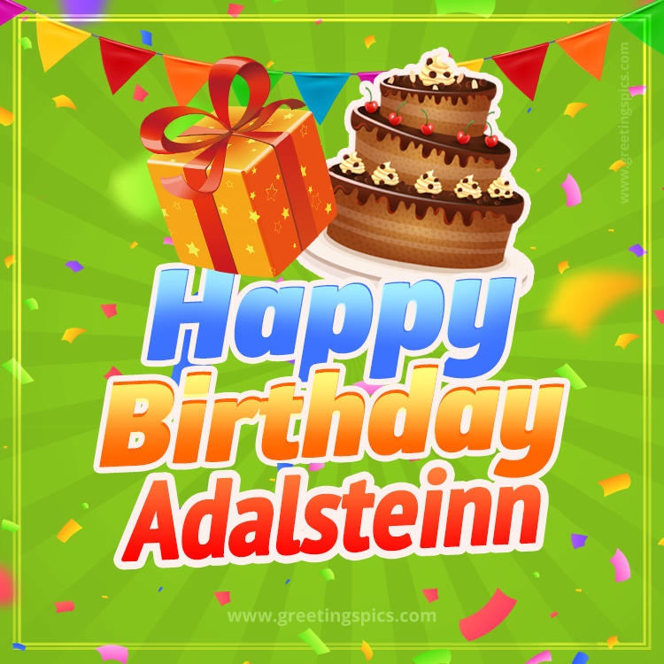 Happy Birthday Adalsteinn picture with flags, chocolate cake and gift box (square shape image)