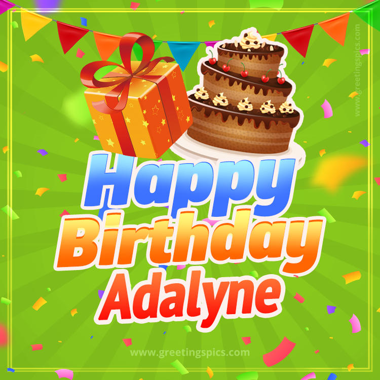 Happy Birthday Adalyne picture with flags, chocolate cake and gift box (square shape image)