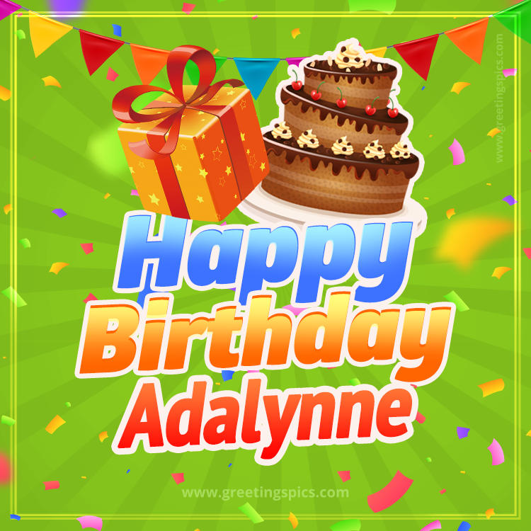 Happy Birthday Adalynne picture with flags, chocolate cake and gift box (square shape image)