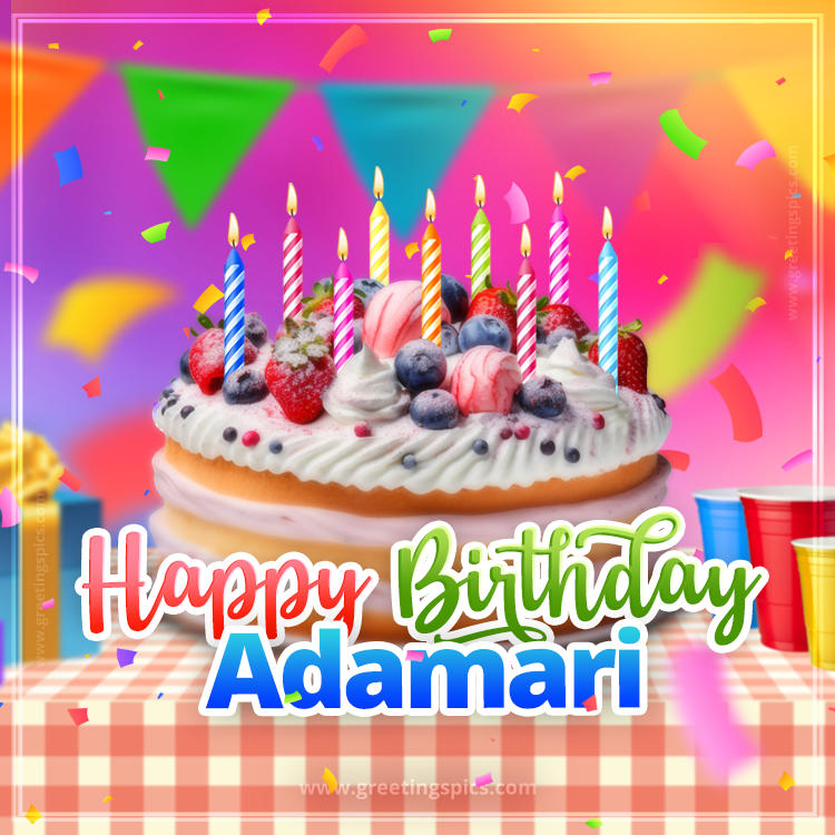 Happy Birthday Adamari Colorful Image with fruit cake and candles (square shape image)