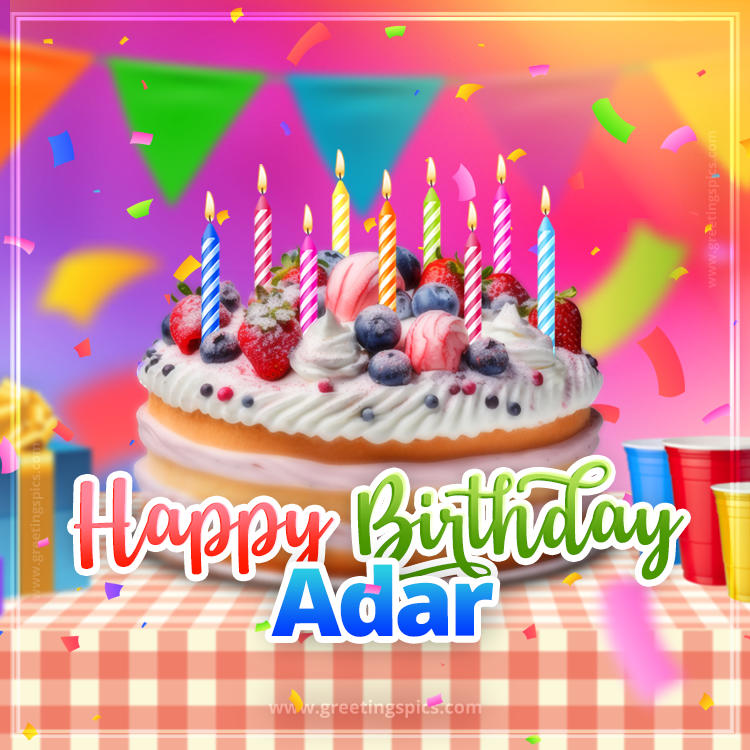 Happy Birthday Adar Colorful Image with fruit cake and candles (square shape image)