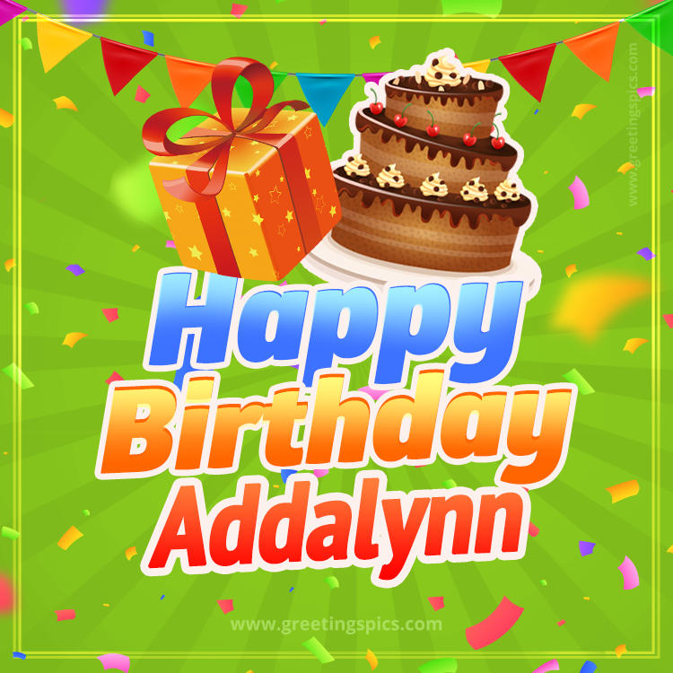 Happy Birthday Addalynn picture with flags, chocolate cake and gift box (square shape image)