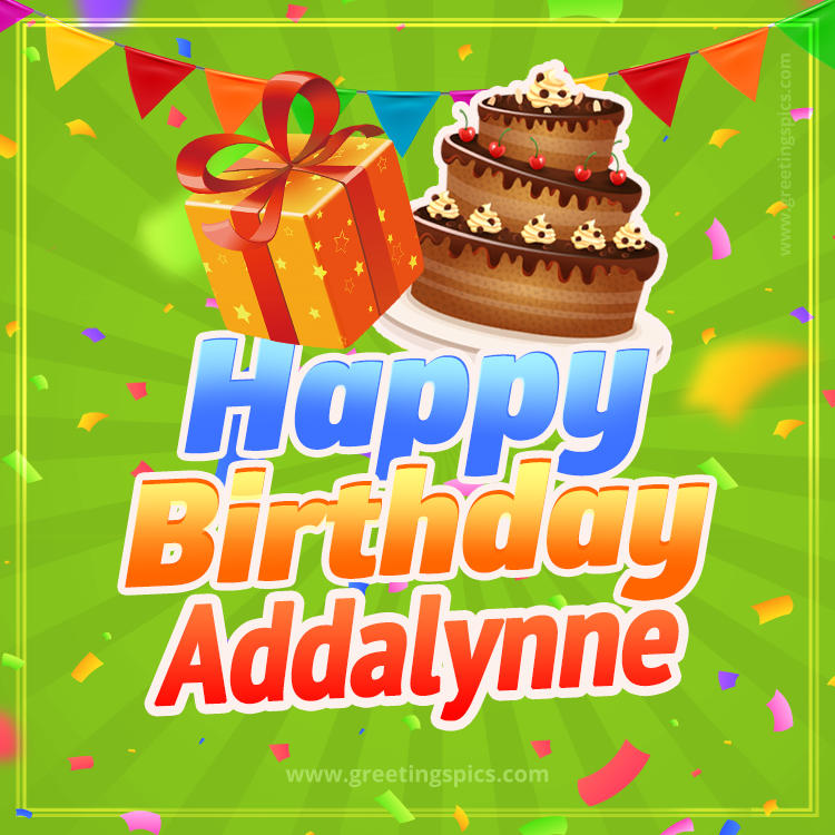 Happy Birthday Addalynne picture with flags, chocolate cake and gift box (square shape image)