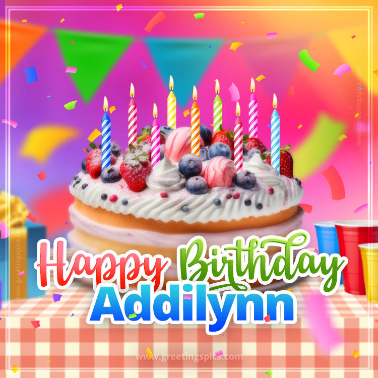 Happy Birthday Addilynn Colorful Image with fruit cake and candles (square shape image)