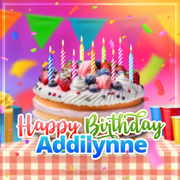 Happy Birthday Addilynne Colorful Image with fruit cake and candles (square shape image)