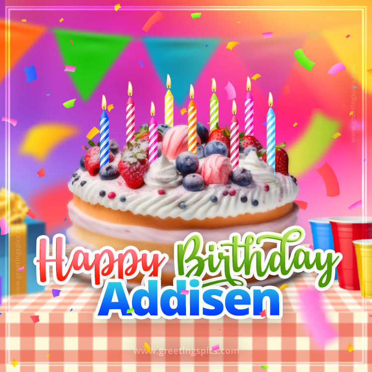 Happy Birthday Addisen Colorful Image with fruit cake and candles (square shape image)