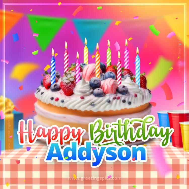 Happy Birthday Addyson Colorful Image with fruit cake and candles (square shape image)