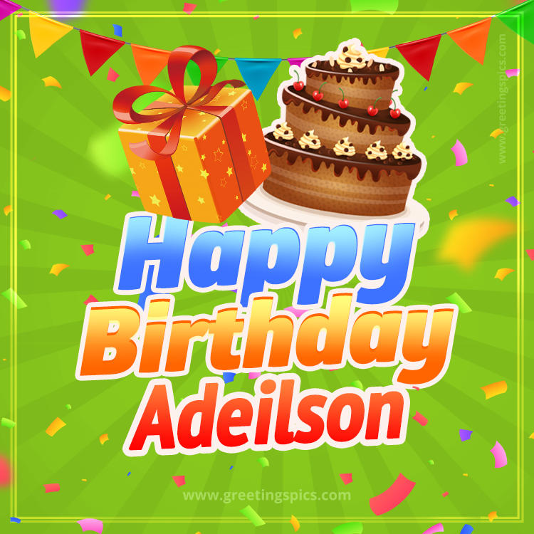 Happy Birthday Adeilson picture with flags, chocolate cake and gift box (square shape image)