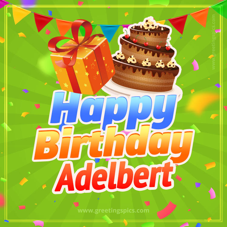 Happy Birthday Adelbert picture with flags, chocolate cake and gift box (square shape image)