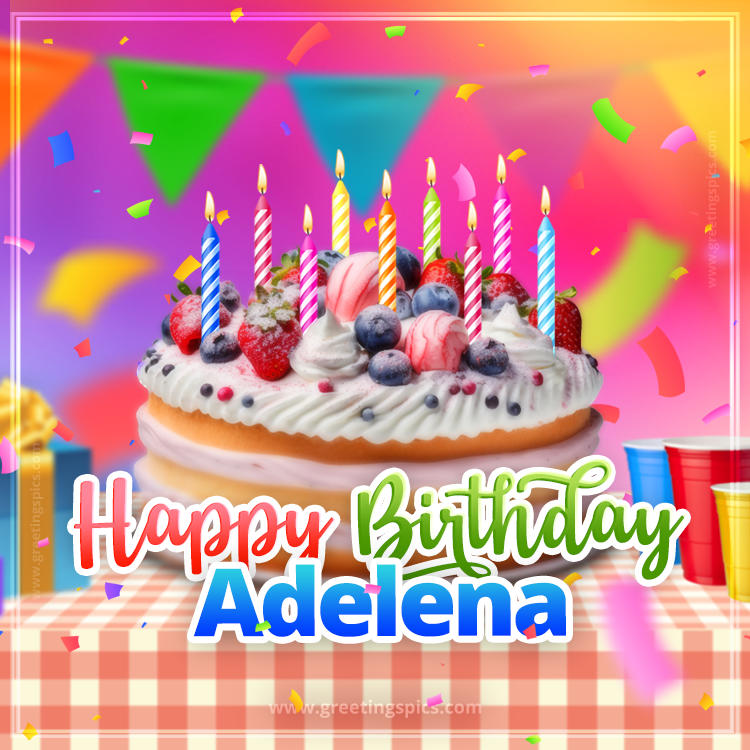 Happy Birthday Adelena Colorful Image with fruit cake and candles (square shape image)