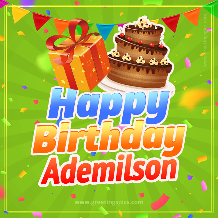 Happy Birthday Ademilson picture with flags, chocolate cake and gift box (square shape image)