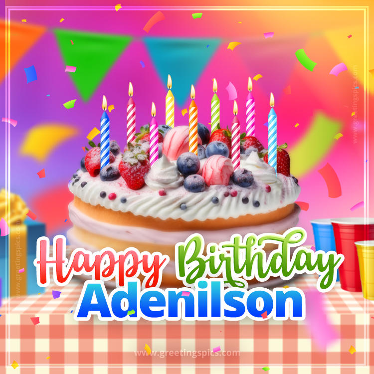 Happy Birthday Adenilson Colorful Image with fruit cake and candles (square shape image)