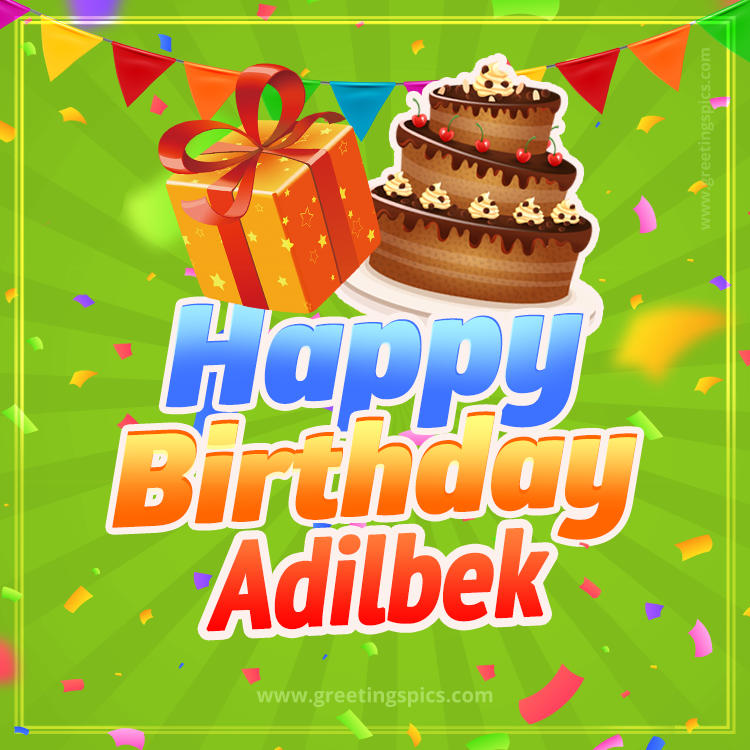 Happy Birthday Adilbek picture with flags, chocolate cake and gift box (square shape image)