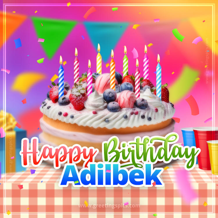 Happy Birthday Adilbek Colorful Image with fruit cake and candles (square shape image)