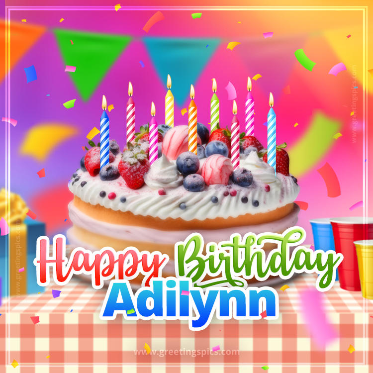 Happy Birthday Adilynn Colorful Image with fruit cake and candles (square shape image)