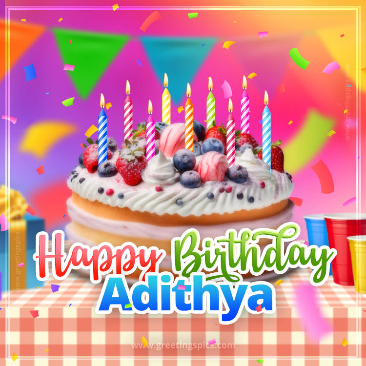 Happy Birthday Adithya Colorful Image with fruit cake and candles (square shape image)