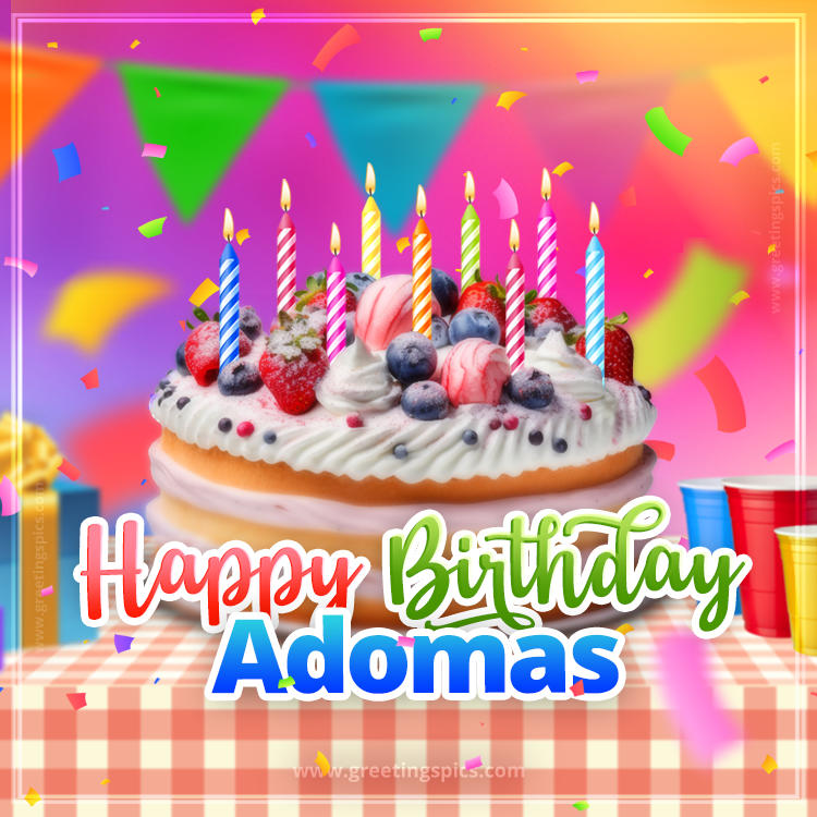 Happy Birthday Adomas Colorful Image with fruit cake and candles (square shape image)