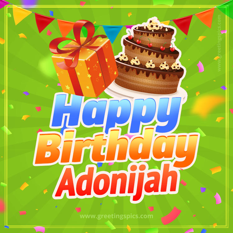 Happy Birthday Adonijah picture with flags, chocolate cake and gift box (square shape image)