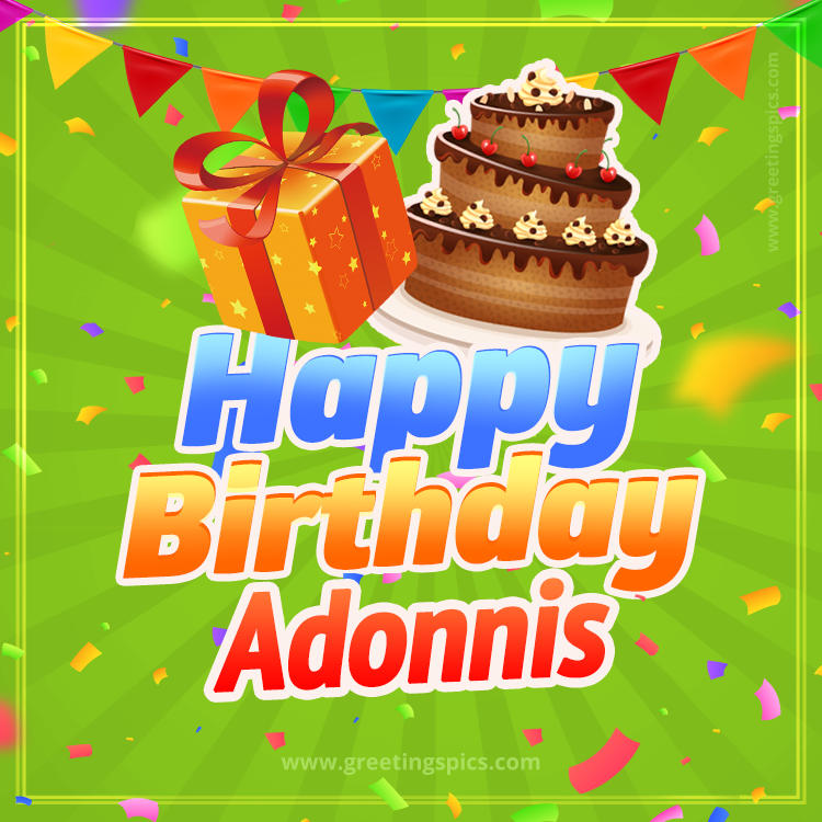 Happy Birthday Adonnis picture with flags, chocolate cake and gift box (square shape image)