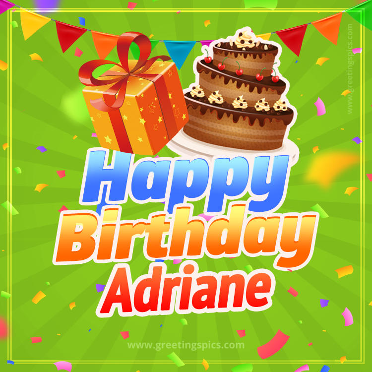 Happy Birthday Adriane picture with flags, chocolate cake and gift box (square shape image)