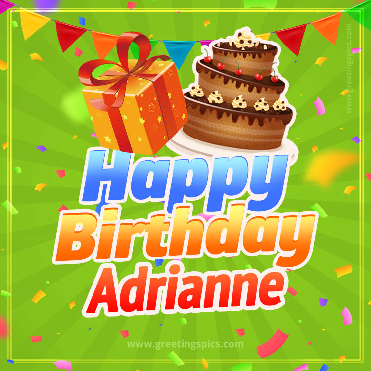 Happy Birthday Adrianne picture with flags, chocolate cake and gift box (square shape image)