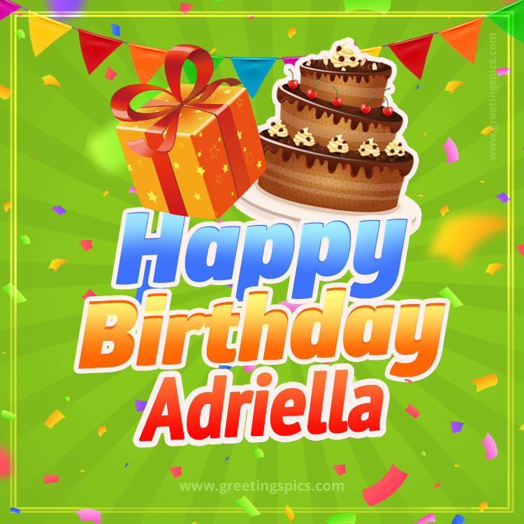 Happy Birthday Adriella picture with flags, chocolate cake and gift box (square shape image)