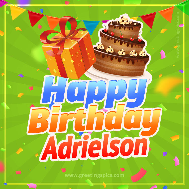 Happy Birthday Adrielson picture with flags, chocolate cake and gift box (square shape image)