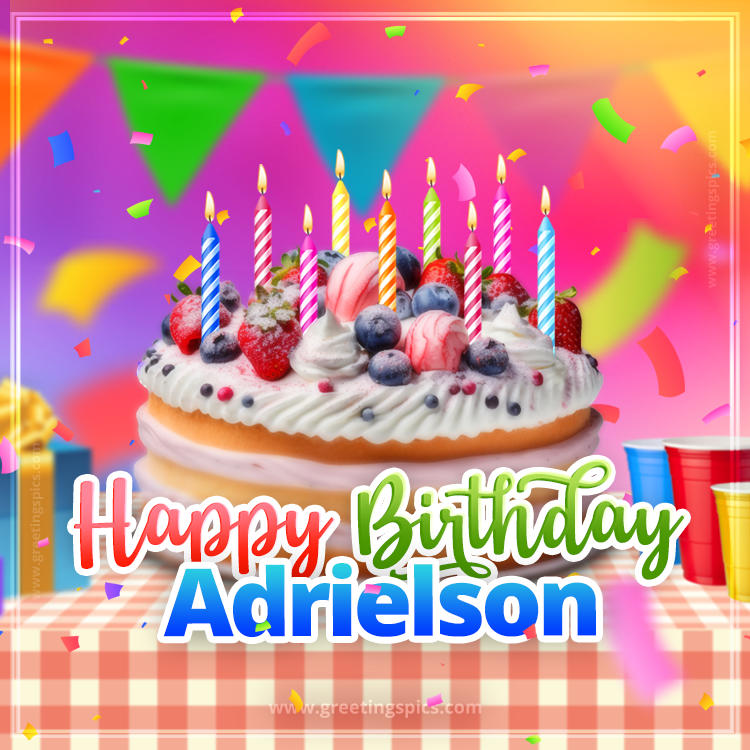 Happy Birthday Adrielson Colorful Image with fruit cake and candles (square shape image)