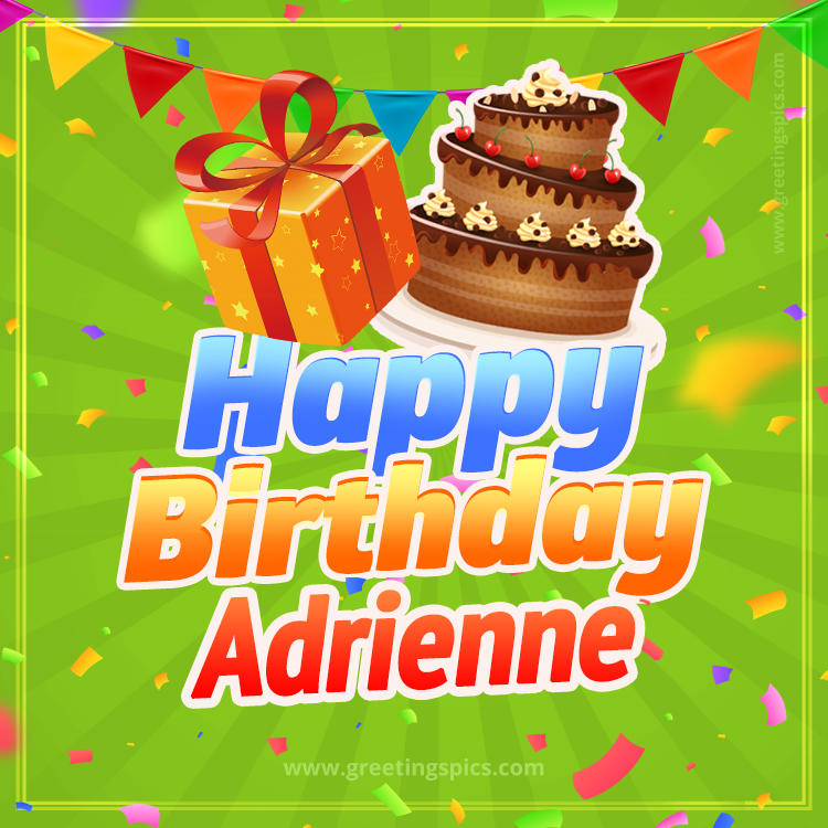 Happy Birthday Adrienne picture with flags, chocolate cake and gift box (square shape image)