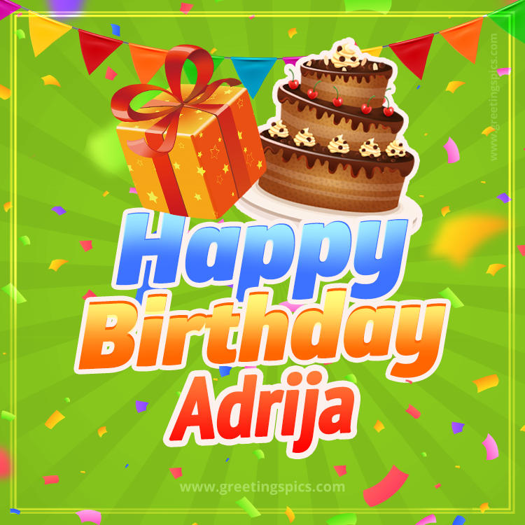 Happy Birthday Adrija picture with flags, chocolate cake and gift box (square shape image)