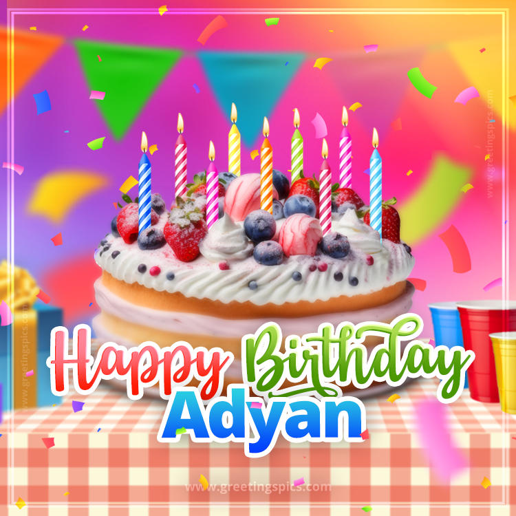 Happy Birthday Adyan Colorful Image with fruit cake and candles (square shape image)