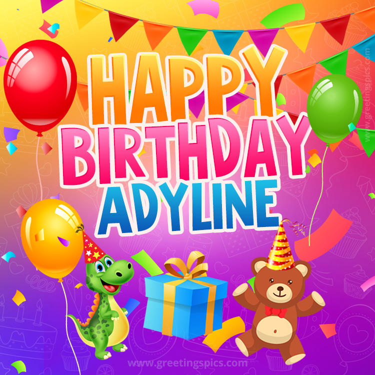 Happy Birthday Adyline Image for a child with cute dinosaur and bear (square shape image)