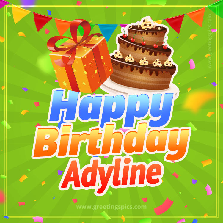 Happy Birthday Adyline picture with flags, chocolate cake and gift box (square shape image)