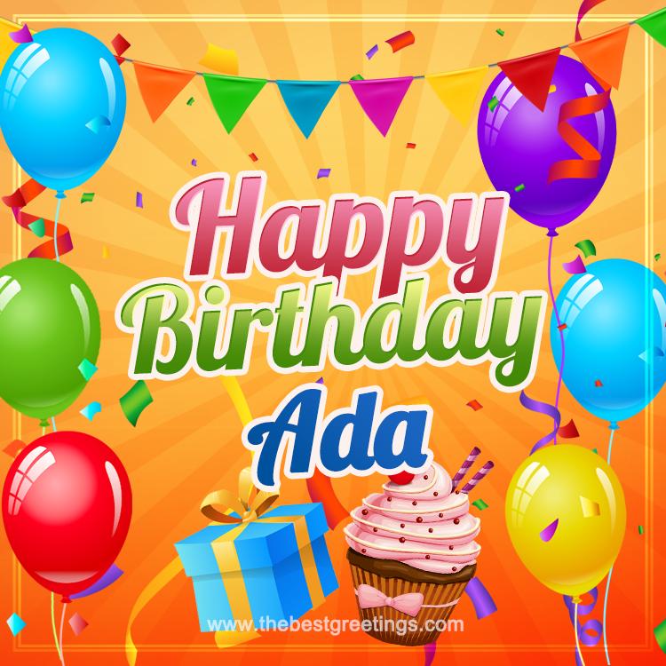 Happy Birthday Adа eCard with gift box and cupcake (square shape image)