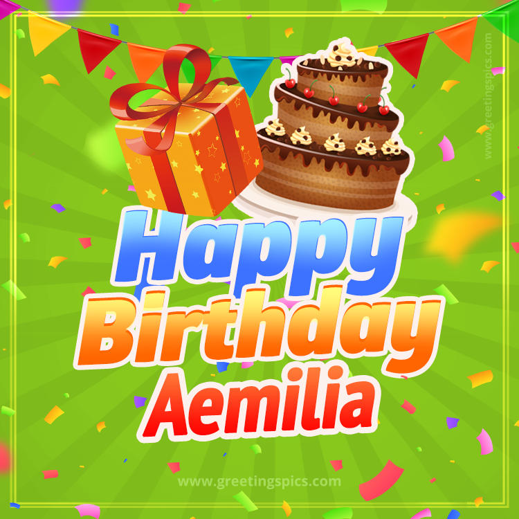 Happy Birthday Aemilia picture with flags, chocolate cake and gift box (square shape image)