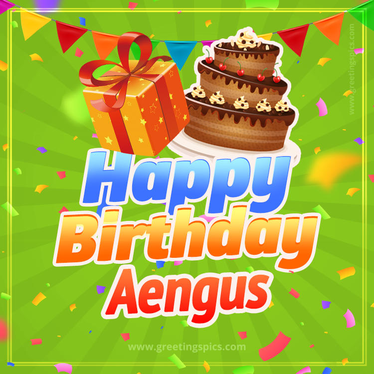 Happy Birthday Aengus picture with flags, chocolate cake and gift box (square shape image)