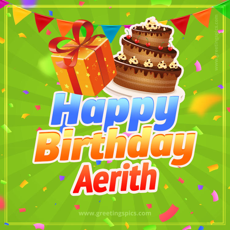 Happy Birthday Aerith picture with flags, chocolate cake and gift box (square shape image)