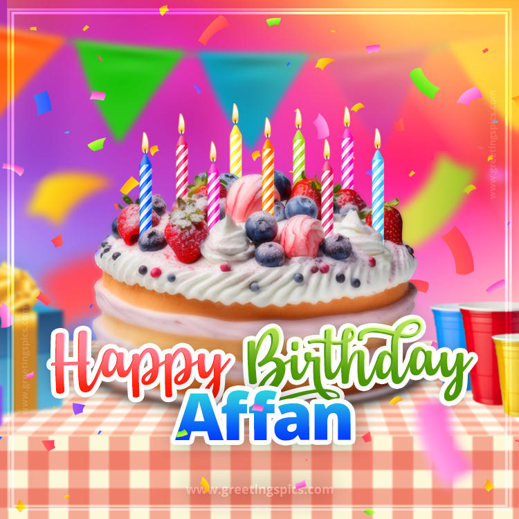 Happy Birthday Affan Colorful Image with fruit cake and candles (square shape image)