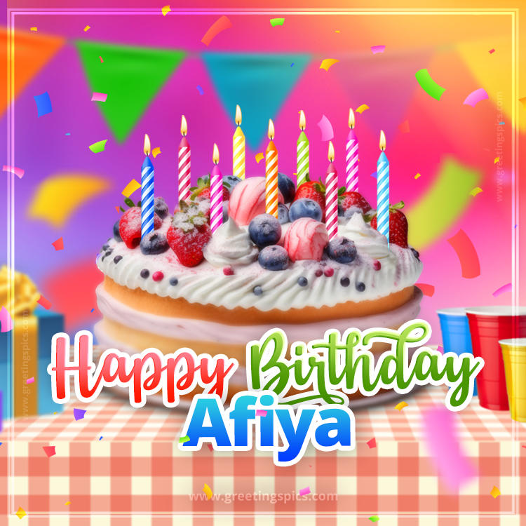 Happy Birthday Afiya Colorful Image with fruit cake and candles (square shape image)